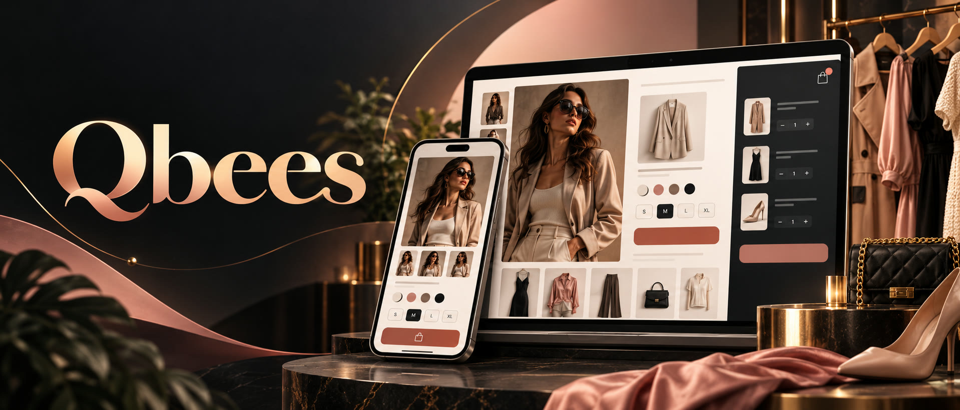 Qbees banner with a fashion storefront and commerce interface