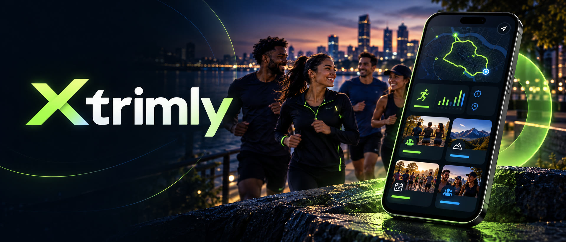 Xtrimly banner with runners and a fitness community app