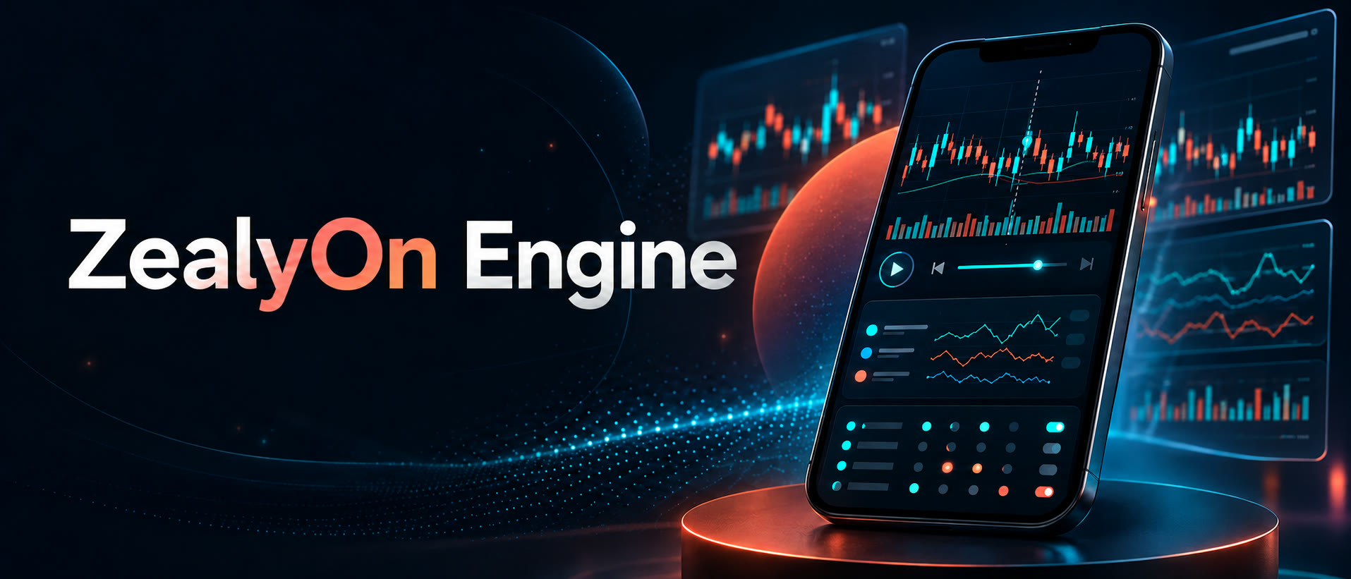 ZealyOn Engine banner with a strategy research and replay interface